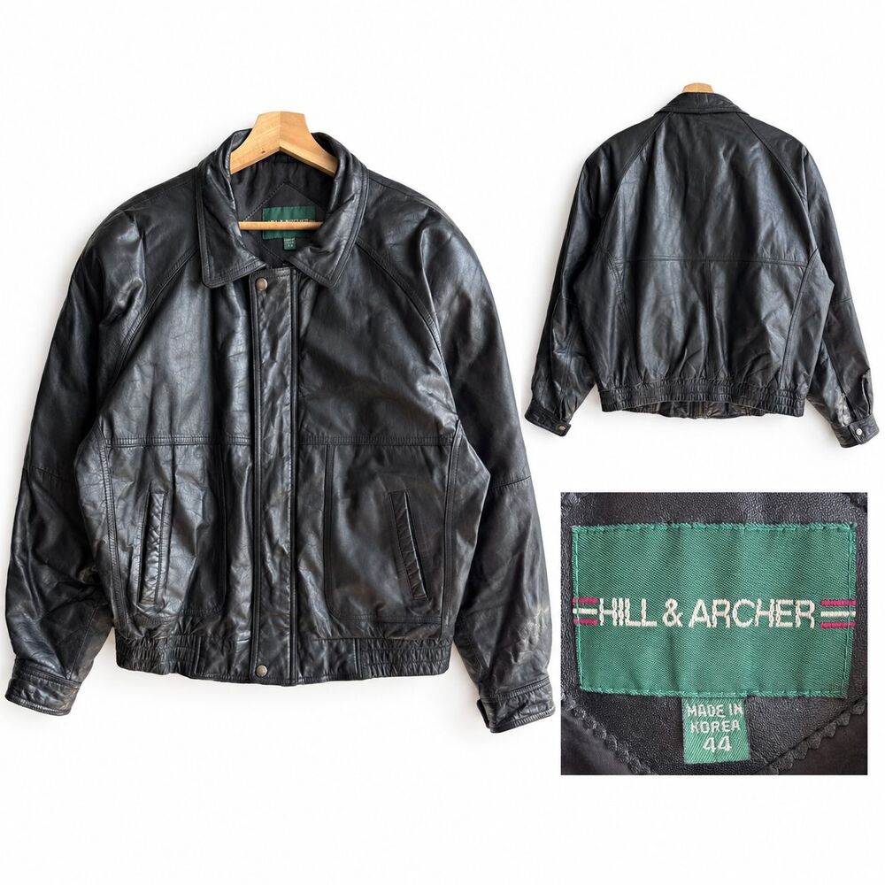 VTG Hill & Archer Black Leather Bomber Jacket Mens 44 L Flight Zip Made in Korea